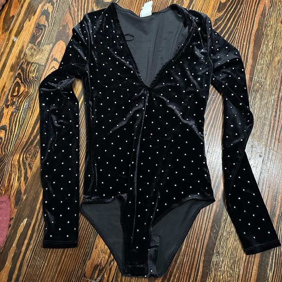 Black Velvet Bodysuit with Silver Studs - Picture 1 of 2